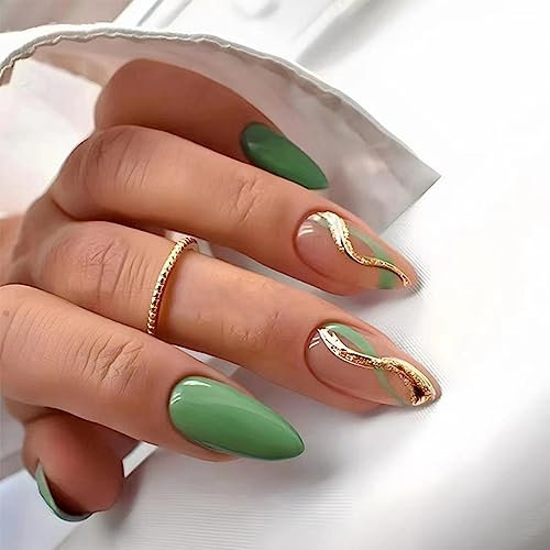 24pcs Short Almond False Nails Green Stick-on Glitter Gold Wave Press-on Removable Glue-on Full Cover Fake Nail Art Accessories for Women Girls