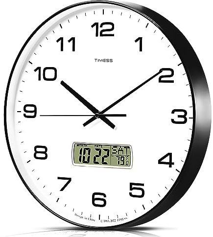 TIMESS Wanduhr, 35,6 cm großes Zifferblatt, Nicht tickend, leise, batteriebetrieben, analog mit LCD-Display für ewigen Kalender und F°-Temperatur, ideale Moderne Dekoration für Zuhause, Schlafzimmer,