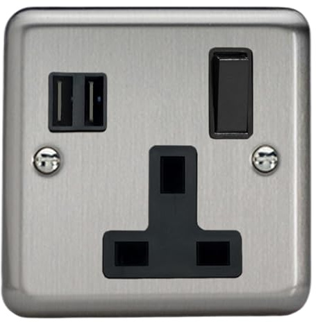 Varilight Single Plug Socket With USB Charging - Value Matt Chrome With Black Insert, XS4U2SB