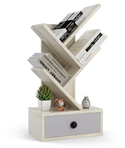 COSTWAY Libreria ad Albero a 5 Ripiani per Scrivania, Libreria Mini da Esposizione con Cassetto, Scaffale per Libri, 30 x 17,5 x 60 cm (Beige)