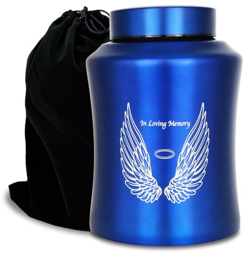 CHIEMOT Einäscherungsurne für Erwachsene bis zu 73 kg, Engelsflügel-Design, große, dekorative Gedenkurne für männliche und weibliche Asche mit Samtbeutel (Blau)