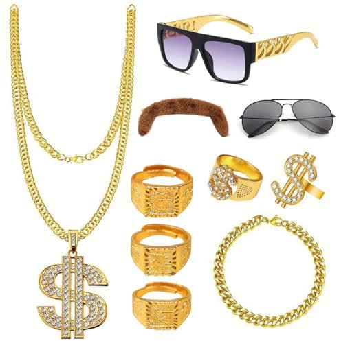 10 Stück Zuhälter Kostüm, 70er 80er 90er Jahre Kostüm Herren, Goldene Rapper Hip Hop Kostüm mit gold ring ketten sonnenbrille herren für Cosplay Karneval Fasching Mottoparty