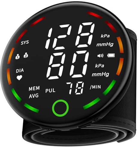 Wrist Blood Pressure Monitor with LED Touch Screen -Adjustable Wrist Blood Pressure Cuff from 5.3 inches to 7.6 inches,Rechargeable Wrist BP Monitor with 99x2 Reading Memory and Carrying Case(Black)
