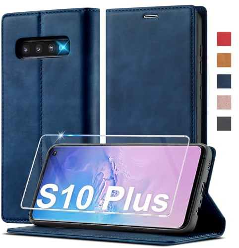 Handyhülle für Samsung Galaxy S10 Plus Hülle Leder [Mit Schutzfolie] für Samsung Galaxy S10 Plus Hülle Klappbar Leder Flip Wallet 360 Stoßfeste Case Schutzhülle Klapphülle für Samsung S10 Plus Holster