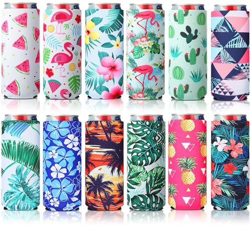 BBTO 12 Pcs 12 oz Slim Can Coolers Sleeves Reusable Neoprene Can Cooler Holder Hawaii Style Colorful Bottle Insulator Sleeve for Energy Drink and Beer Cans