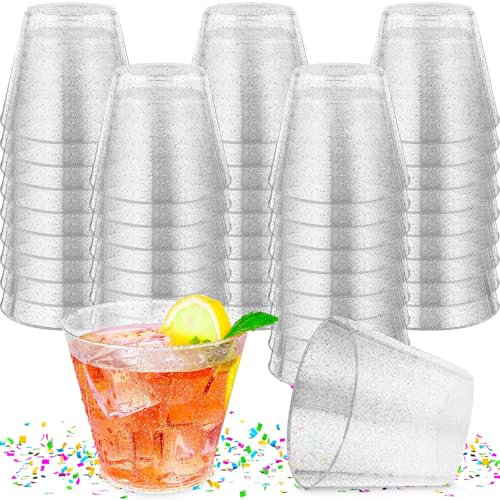 HTOBRIC 50 Hartplastik Partybecher mit Glitter,9oz plastikbecher Kunststoffbecher,Glitzerbecher,Mehrwegbecher,Cocktailgläser,Dessertbecher,Plastikgläser für Hochzeiten,Geburtstag,Party(Silber)