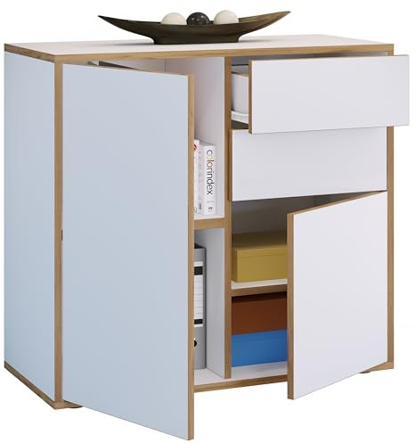 VCM Holz Kommode | Sideboard mit Drehtüren und Schubladen | Büromöbel | H. 74 x B. 80 x T. 33cm - Salia Weiß