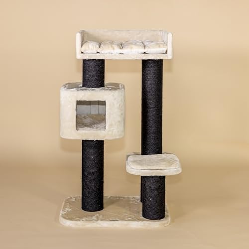 Arbres à Chat RHRQuality pour Grands Chats - Devon Rex - 120 cm de Haut - avec poteaux en sisal de 15 cm et Maison de Jeu - Blackline Beige