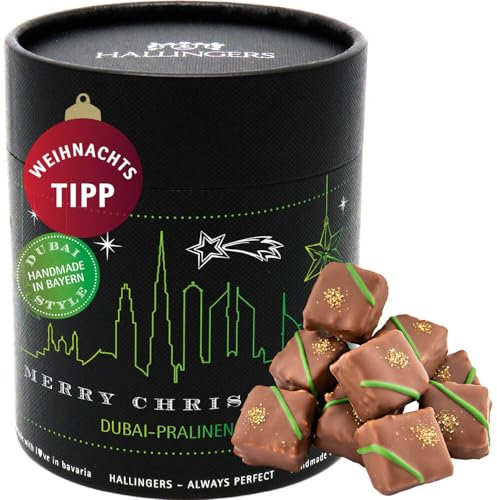 Hallingers Dubai Pralinen Merry Christmas XXL - Dubai Style Schokolade Manufaktur Pralinen handgemacht in Bayern ohne Alkohol aus Edelkakao (Dose) - Geschenkideen Weihnachten & Geschenke Adventskalend