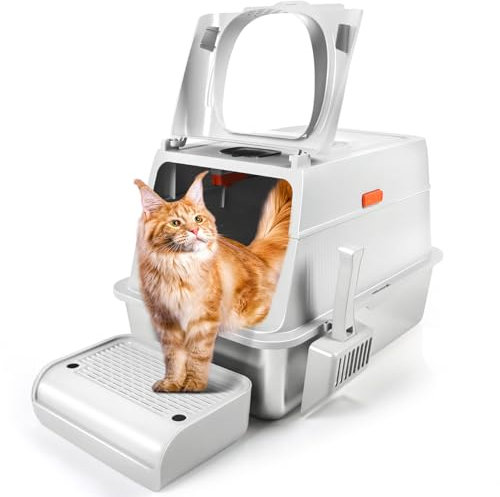 Bartuke Edelstahl Katzenklo XXL mit Deckel, Geschlossenes Katzentoilette Große mit Pedal, Auslaufsicher und Leicht zu Reinigen, Edelstahl Katzentoilette (SDWE)