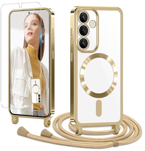 Ethanger Handyband für Samsung Galaxy S25 Plus Hülle mit Band + 1 Stück Glas Schutzfolie Transparent Silikon Handyhülle Magnetische Schutzhülle Case zum Umhängen Kordel für Samsung S25 Plus Gold