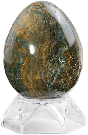 mookaitedecor Natürliche Ozean Jaspis Kristall Ei für Ostern Dekor, poliert Edelstein Kugel Ei mit Acryl Ständer für Heimdekoration, 60-75 mm