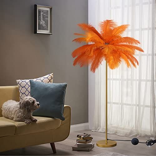 KISFWIU Stehlampe, Federlampe mit 48 natürlichen Straußenfedern 2023 Neue verbesserte Version mit 10 Farben, verlängerte Federn geeignet für Wohnzimmer, Schlafzimmer, Arbeitszimmer, H160cm (orange1)