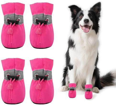 4 PCS Hundeschuhe Sommer, Hundeschuhe Pfotenschutz, Pfotenschutz für Hunde, Ausgestattet mit Reflektierendem Band, Geeignet für Den Lnnen- und Außenbereich, Atmungsaktiv und Verschleißfest/Rosa 5