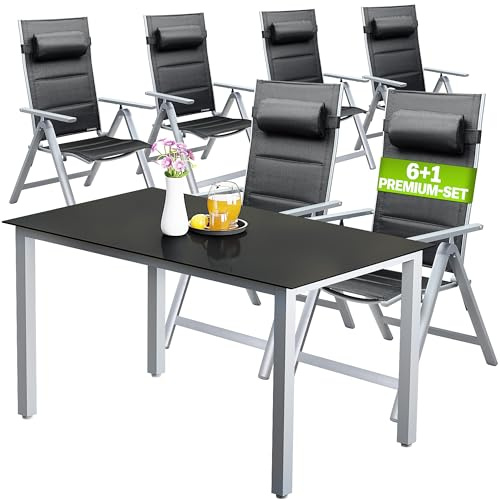 CASARIA® Bern 7 Piece Aluminium Garden furniture Set | 6 Adjustable High Back Reclining Foldable Chairs With Head Cushions | Table 1500x90cm Weatherproof Outdoor Patio Seating Group | Silver