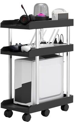 Niciksty 3 Tier Support de Tour D'ordinateur, Chariot pour Tour ATX avec 6 roulettes Verrouillables, Support de Boîtier PC Mobile, Chariot Tour CPU pour Bureau à Domicile, Noir