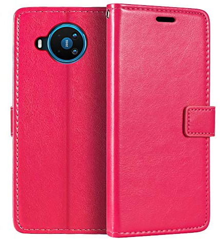 Shantime Leather Case Compatible with Nokia 8.3 5G, Business Design Magnetic Flip Cover with 3 Card Slots, Photo Frame, and Hidden Wallet(Rose Red)