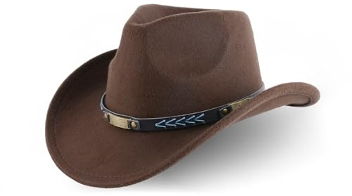 XURUIAU Western Cowboyhut, Klassischer Cowboyhut mit breiter Krempe und dekorativem Band, Stylischer Jeanshut für Damen und Herren, Kaffee