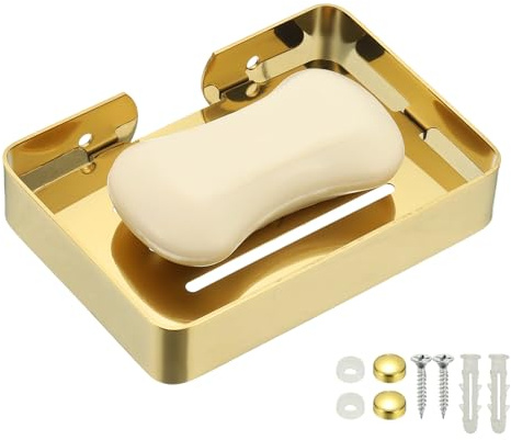 sourcing map Stainless Steel Soap Dish, 13.4 x 9.6cm Wall Mounted Bar Soap Holder Shower Sponge Holder for Bathroom, Kitchen(Gold)