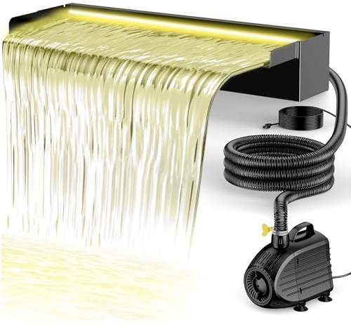 Biling Edelstahl Wasserfall Teich mit LED Warmlicht – 60cm breiter Bachlaufsets und 80W 4500L/H Pumpe, Wasserfall Komplettset für Gartenteich Wasserspiel bis 8000L, inkl. Anschlusszubehör
