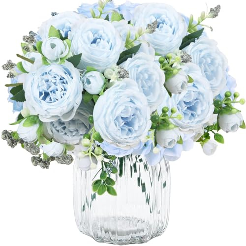 TENGWA 3 Bouquets Pivoine Artificielle 32cm Bouquet de Fleurs Artificielles Bleu Wedding Fleur en Soie Convient pour Mariages Décoration Intérieure Table Compositions Florales et Bureaux