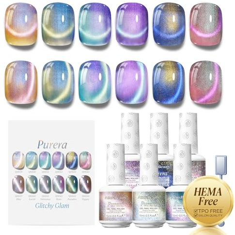 AZUREBEAUTY 15ml Cat Eye Gel Nail Polish Set with Magnet, 6 Colors Aurora Galaxy Shimmer Glitter Holographic, Soak Off UV LED Gel Polish Set Nail Art for DIY at Home Manicure Salon