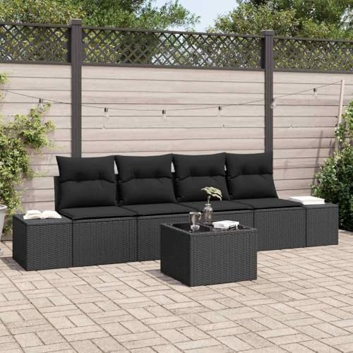 HFXHIJXQ Gartensofa Set 5-TLG Schwarz Poly Rattan Eckbank mit höhenverstellbarem Tisch 55 x 55 x 37 cm wetterfest für kleine Terrassen Balkon Outdoor Lounge