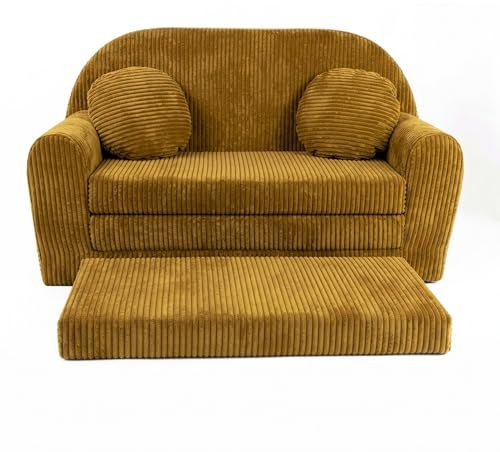 FORTISLINE Kindersofa XXL ausklappbar 96x57x48 cm - Kindercouch aus Cord mit Liegefläche 165 cm, Kinderzimmer Sofa mit 2 Kissen, Abnehmbarer waschbarer Bezug, Oeko-TEX Standard 100 (Honigfarben)