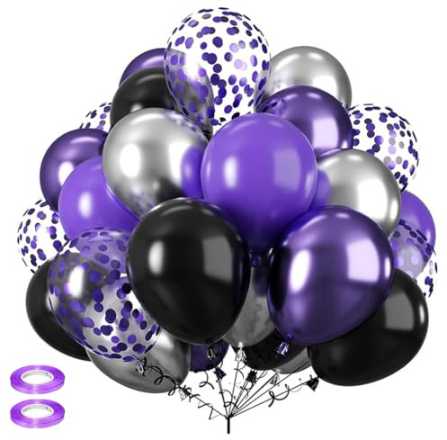 FANSEZQ 60 Stück 12 Zoll Luftballons Lila Schwarz Silber, Luftballons Geburtstag mit Konfetti Party Ballons, für Geburtstag Hochzeit Party Dekoration