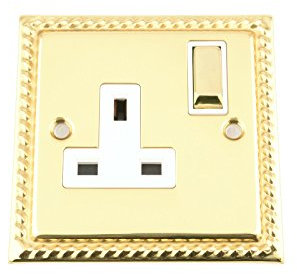 Single Plug Socket 1 Gang 13 Amp - Georgian - Polished Brass - White - Metal Rocker Switch
