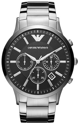 Emporio Armani Herren-Armbanduhr aus Edelstahl mit Quarz-Uhrwerk, Chronograph, 46 mm, silberfarben / Schwarz, AR2460
