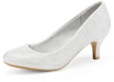 DREAM PAIRS Womens Slip On Low Kitten Heels Round Toe Pump Court Shoes Luvly Silver Size 8 US/ 6 UK