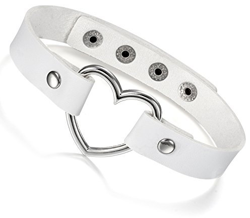 Flongo Choker Leder Halsband Lederhalsband Damen, Leder Halskette Halsband Anhänger Choker Tattoo Kette Weiß Silber Herz Einstellbar Verstellbar Gothic Punk Rock Damen