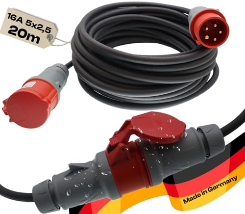 CEE Starkstromkabel Starkstromverlängerung Verlängerungskabel Starkstrom Gummiverlängerung H07RN-F 5X2,5mm² 5P 16A 400V Kraftstromkabel Außenbereich 20m