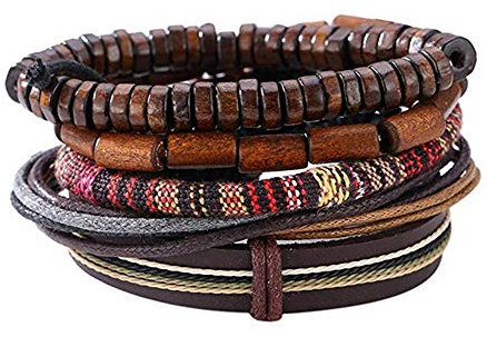 Hilai Unisex Mixed Bracelets Adjustable Handmade Multi Strand Braided Cowhide Bracelets Woven Leather Wristbands Wooden Beads Bracelet Wrist(1set of 5 pcs)