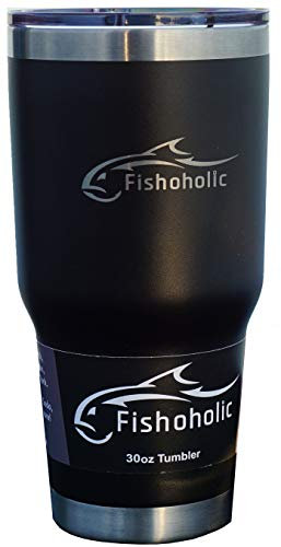Fishoholic 30oz or 20oz Tumbler w Magnetic Slide Lid, Stainless Steel, Double Wall, Travel Coffee Cup Fishing Beer Mug for Hot & Cold Drinks (30oz Blk)