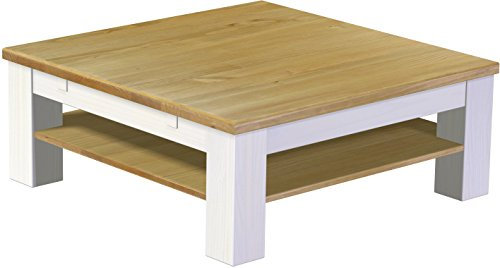 B.R.A.S.I.L.-Möbel Brasilmöbel Couchtisch Rio Classico 100x100 cm Brasil Weiß mit Ablage Wohnzimmertisch Holz Tisch Pinie Massivholz Stubentisch Beistelltisch Echtholz Größe und Farbe wählbar