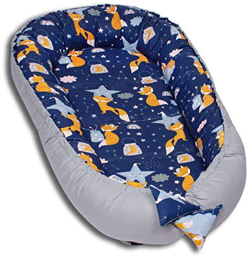 PaLulli Kuschelnest 2-seitig Babynest Babynestchen Baby Nest Nestchen Reisebett Wickelauflage Kuschelbett, Kokon Kokon für Babybett - Babys und Säuglinge, 100% Baumwolle Oeko TEX (Fox Grau)