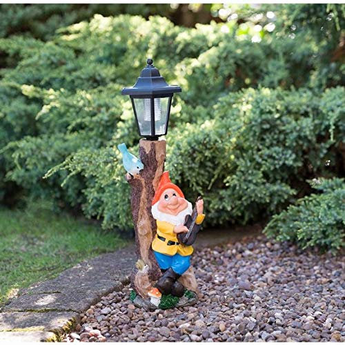 Solar Powered LED Garden Guitar Playing Gnome & Bird Lamp Post Light - Orange