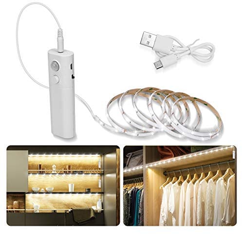 2M Motion Sensor LED Strip Lights with Rechargeable, 6000K Cold White Under Cabinet LED Strip Lights for Kitchen Wardrobes, Closet, Cupboard