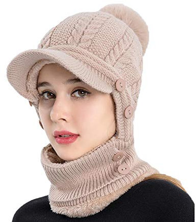 Women Fleece Lined Knit Balaclava Cold Weather Snowproof Warm Biking Road Bicycle Skull Cap Mufflers Face Bandana Outdoor Snowboarding Sledding Running Full Cover Hooded Hat Head Face Warmer Khaki