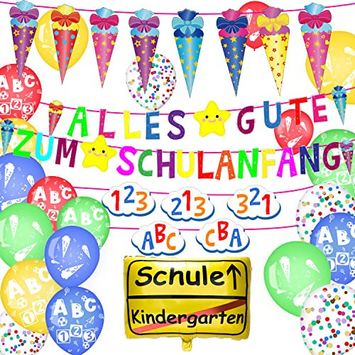 BINXIRUI Einschulung Deko, Schulanfang Mädchen Junge Deko, Alles Gute Zum Schulanfang Girlande + Groß Zuckertüten Banner + Wolkenförmiges Banner mit 123 ABC + Folienballon