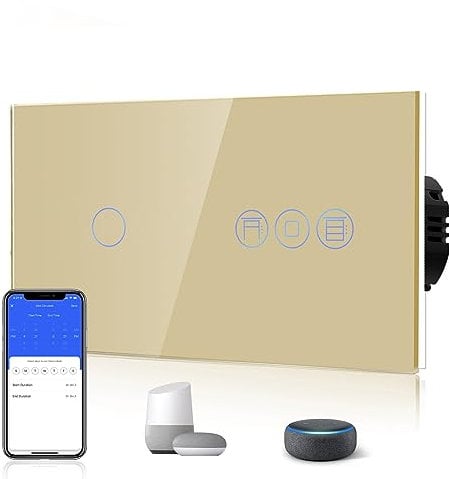 BSEED Alexa WiFi Touch Sensor Touch Switch 1 Compartment 1 Way Remote Control with Smart Life/Tuya App with Smart Roller Shutter Switch Alexa and Google Home Compatible Gold