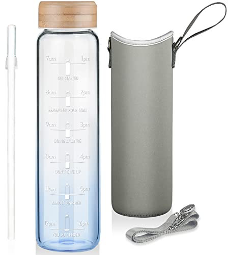 Ferexer Large Motivational Glass Water Bottle with Straw & Time Marker 1 litre / 1l, Wide Mouth Borosilicate Water Bottle with Bamboo Lid and Neoprene Sleeve Blue
