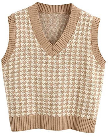 Graceyo Pullover Damen Herbst Winter Weste Casual Strickweste Sweatshirts V-Ausschnitt Vest Pullover Sweater Ärmellos Elegant Hahnentritt Karierte Strickpullover Pullunder Tank Tops