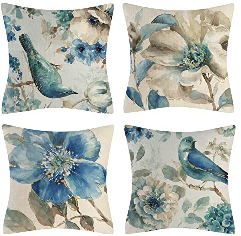 OCEUMACO Leinen Kissenbezug 50x50 Blau Blumen Vogel Kissenhülle 4er Set Quadratisch Dekokissen Sofakissen Bezug für Couch Frühling Vögel Muster Kissen Kissenbezüge Deko Zierkissen Couchkissen