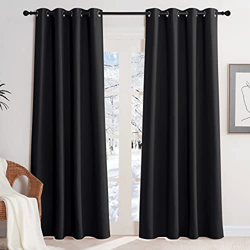KGORGE Rideaux Occultant - Rideau Isolant Thermique, Rideau Noir Opaque pour Maison Chambre Fenetre avec Œillets, Rideaux Thermiques Draperies Intérieurs, 2 Pièces, 140x220 CM, Noir