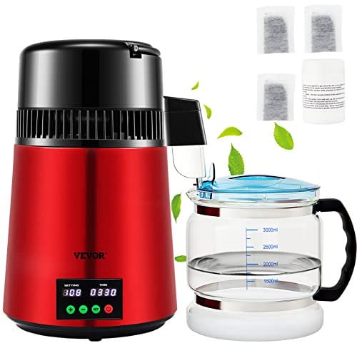 VEVOR Destilador de Agua 4 L Filtro de Destilación de Agua con Recipiente de Vidrio 750 W 1 L/H Ajuste de Velocidad, Destilación Filtro Purificador 7,9 lbs de Acero Inoxidable con Pantalla Doble, Rojo