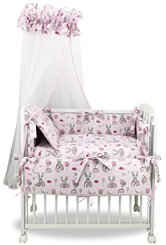 Baby Delux Beistellbett Set Babybett Komplett Set Stubenwagen weiß 90x40 mobil mit Rädern inkl. Bettwäsche Matratze (Bärchen rosa)