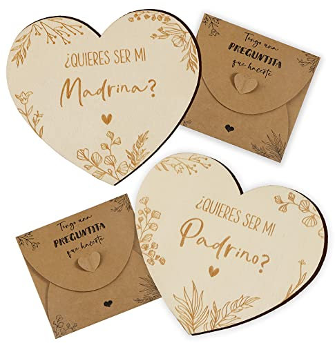 GEBETTER Quieres Ser Mi Madrina/Padrino, 2 Placas Corazón Madera + 2 Sobres, Regalo Bautizo Bebé Original Tarjetas Sorpresa Recuerdo Detalle Baby Shower Anuncio Embarazo Boda